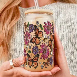 Sip-Sip Hooray! Spring 2025 Aesthetic Cups – 16oz-20oz Glass & Plastic Tumblers with Lids & Plastic and Glass Straws, Reusable Iced Coffee Must-Have, Spring Essentials Bamboo Drinkware Water Bottles