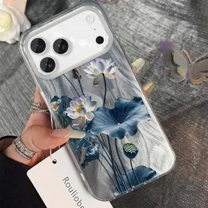 Blue & White Lotus Shiny Textured Phone Case for iPhone 17/16/15/14/13/12/11 Pro/Plus/Pro Max/Air TPU PET Cover Flower Protection Elegant Design