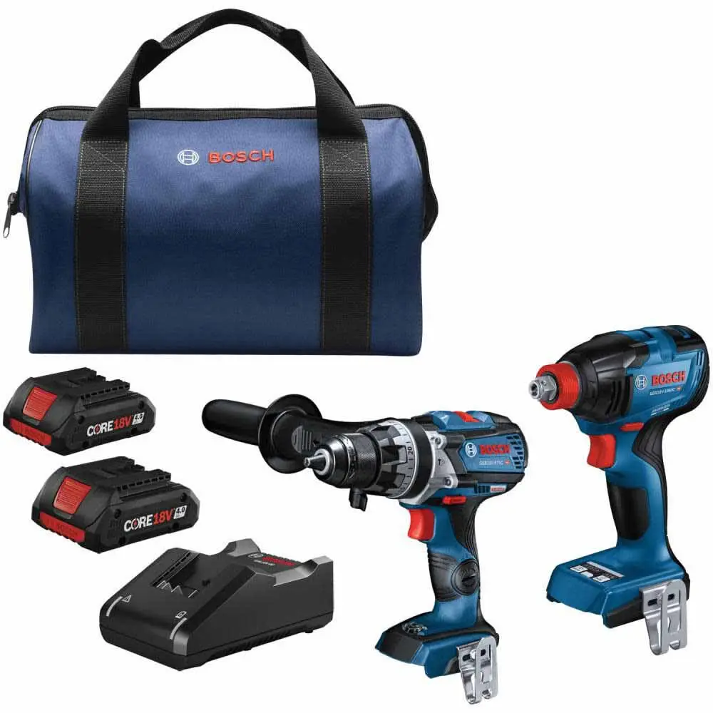 Bosch GXL18V-227B25 18V 2-Tool Brushless Combo Kit w/ Socket Ready Impact Driver (GDX18V-1860C),   Brute Tough 1/2 In. Hammer Drill/Driver (GSB18V-975C) w/ (2) 4.0 Ah CORE Compact Batteries