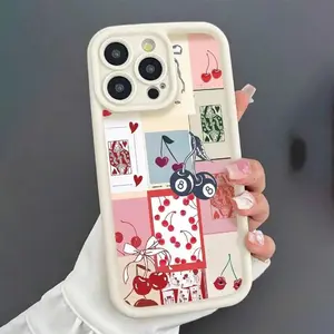 IPhone Case for iPhone 17 Pro Max 16 Plus 15 14 13 12 11 Air E Playing Card And Cherry Patchwork Design Drop Protection Shockproof Soft Silicone smartphone Cover White Cellphone Casing
