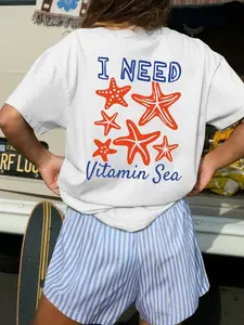 Two-Piece Set Women's Cartoon Starfish Print Loose Fit Round Neck Tee & Short Set, Casual Stylish Preppy Suit for Summer, Airport Outfits for Vacation