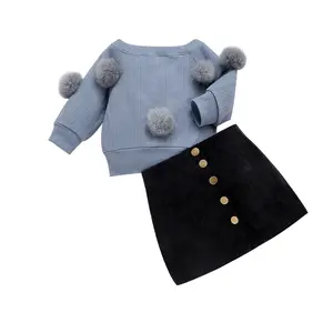 Toddler Baby Girl Fall Winter Clothes Set Long Sleeve Knit Sweater with Fur Ball Embroidery and Button up A Line Skirt 2Pcs Elegant Girl Outfits