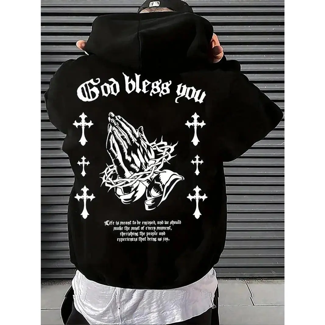 Men's 250g Heavyweight Hoodie - Black Religious Print with "God Bless You" and A Cross Design, Kangaroo Pocket, Loose-fitting Casual Long-sleeved Pullover, Warm and Durable Fabric, Suitable for Autumn and Winter Wear, Comfortable and Warm, Hooded Sweatshi