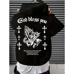 Men's 250g Heavyweight Hoodie - Black Religious Print with "God Bless You" and A Cross Design, Kangaroo Pocket, Loose-fitting Casual Long-sleeved Pullover, Warm and Durable Fabric, Suitable for Autumn and Winter Wear, Comfortable and Warm, Hooded Sweatshi