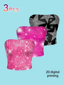3-Pack Sequin Star Rhinestone Crop Top, Sexy Slim Fit Tank Top, Y2K Millennial Style, Party Stage Eye-Catching Top, Casual Tube Top