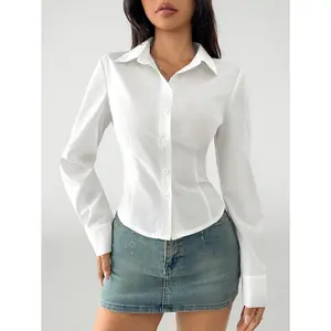 Y2K Slim Fit White Button-Down Shirt for Women Trendy Corset-Inspired Waist Tailoring Classic Long Sleeve Collared Blouse Ideal for Office Work Date Night Casual Daily Wear Timeless Versatile Basic Top with Soft & Comfortable Fabric