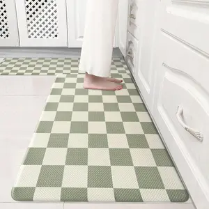 Beige Sage Checkered Grid Checkerboard Kitchen Rug Sets 2 PCs, Anti-Fatigue, Waterproof Non-Slip Kitchen Mats Heavy Duty Comfort Foam Rug for Kitchen, Floor, Laundry, 17x29+17x47