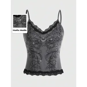BBGIRY Fairycore Women Solid Color Lace Patchwork Rhinestone Decorated Camisole
