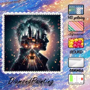 5D-DIY, velvet canvas, diamond art, Diamond art tools, diamond painting kit, magical castle, train tracks, boy silhouette AB diamonds, crystal diamonds, perfect home decor, handmade diamond art painting kit, special craft diamond art kit