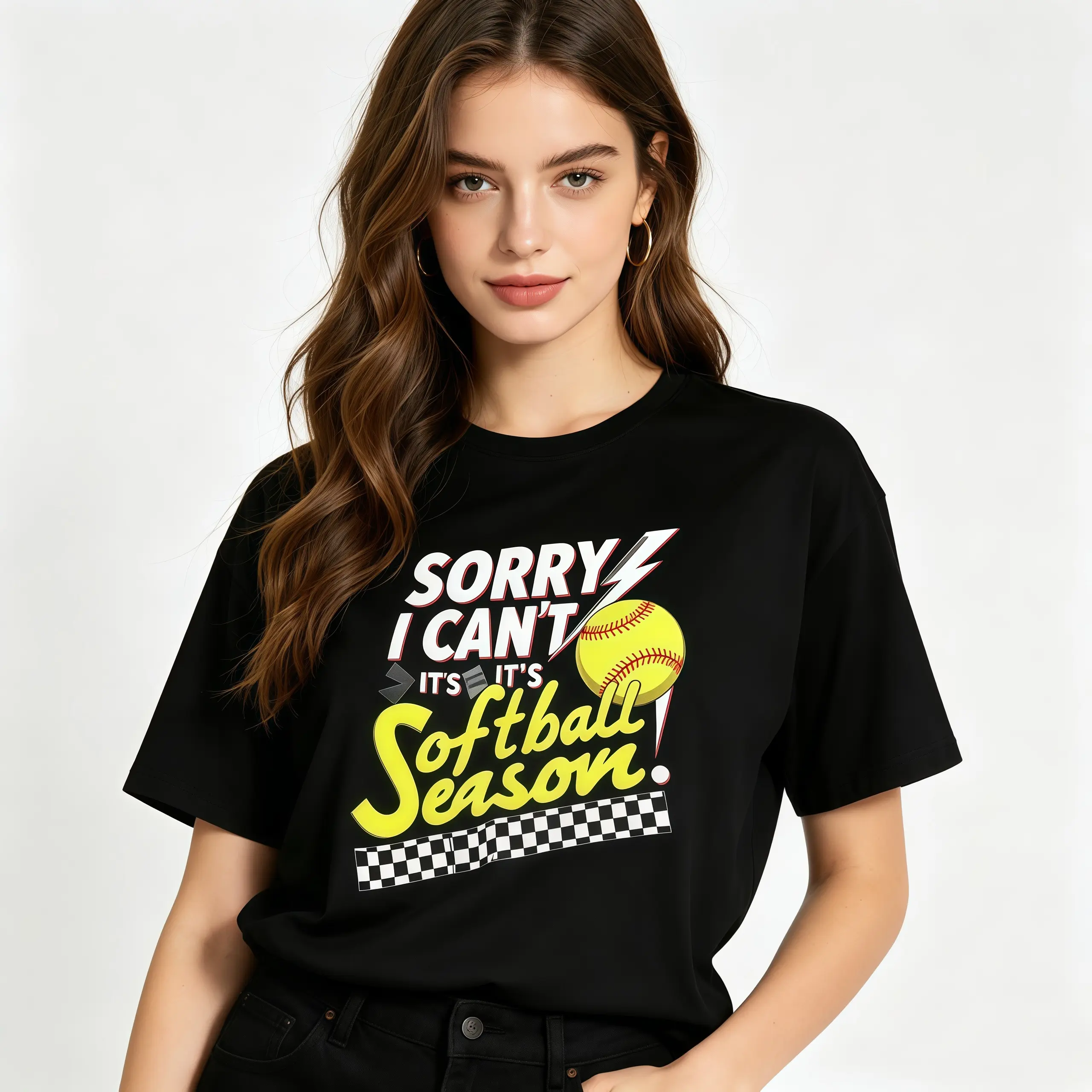 Women's Softball T-Shirt - Funny  Sorry I Can't It's Softball Season  Saying with Baseball & Lightning Bolt Design - Heavyweight 180gsm Tee Suitable for Players and Fans, Team Spirit Wear, Gift women summer tops