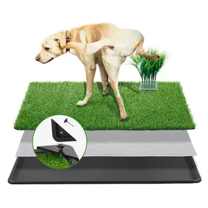 Dog Grass Pad with Tray Large Artificial Grass for Dogs Potty, No Leakage 3-Layer Dog Potty Pad Tray with Fake Plants Pee Post for Guiding Male Dogs to Urine, Indoor/Outdoor Dog Toilet (46.9" x 28.3")