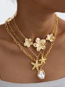 4-Piece Flower Starfish Pendant Layered Necklace Set, Fashionable Bohemian Jewelry for Women, Perfect Gift for Daily and Vacation Wear