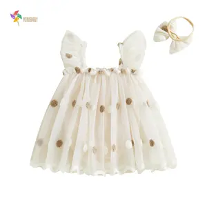Baby Girl Birthday Party Dresses Decorative Plush Ball Flying Sleeve Mesh Romper Dress And Bow Headband 2 Pcs Set