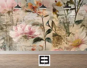 Large Scale Floral Distressed Wallpaper Mural in Peel & Stick Canvas Vinyl or Non-Woven (Copy)