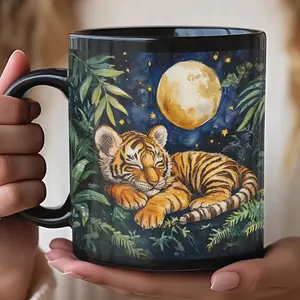 Baby Tiger Sleeping in Rain forest with Flower and Stars, Cute Animal Lover Gift, Nature Coffee Cup, Wildlife Tea Mug, Night Sky Kitchen #701