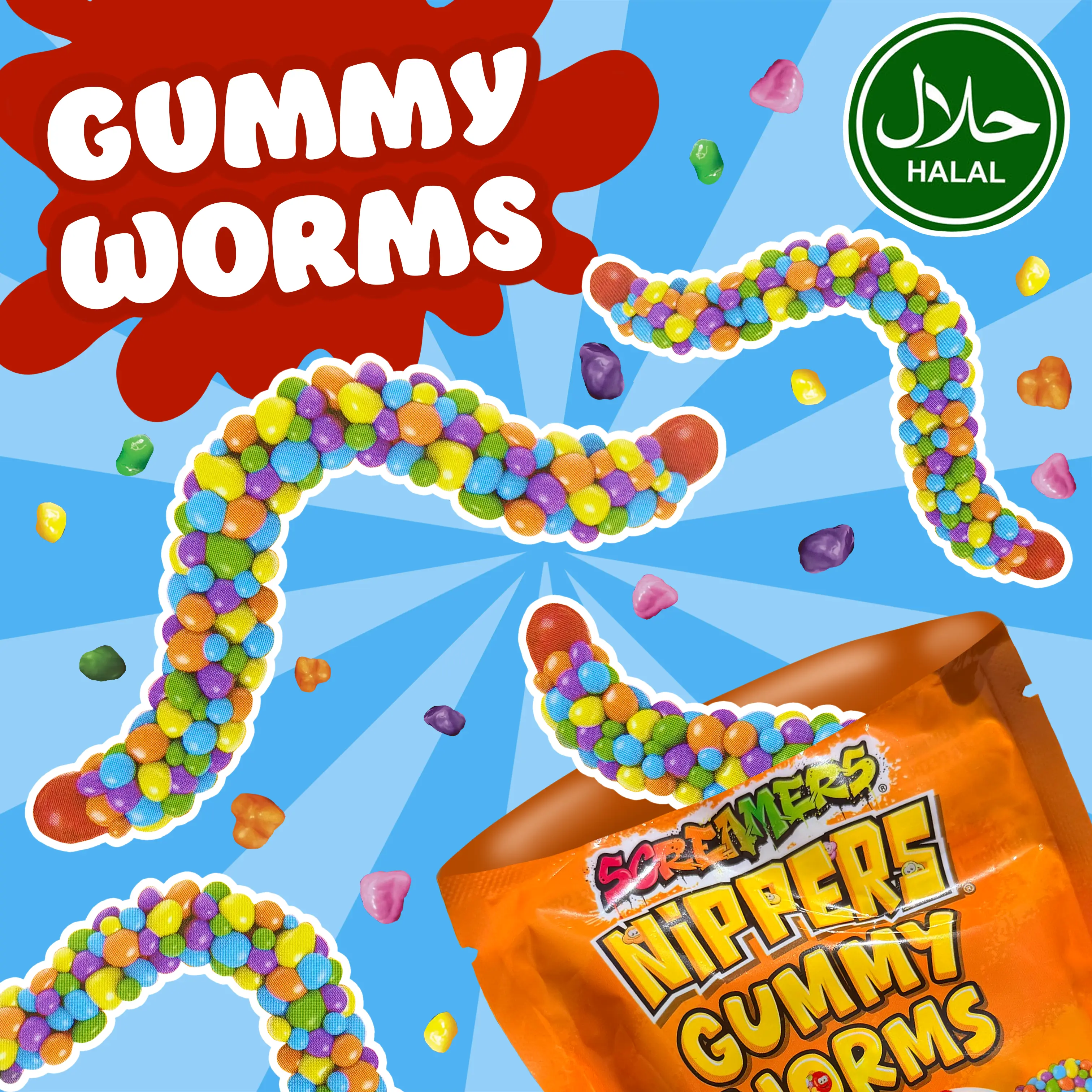 Halal Sour Crunchy Candy Gummy Worms – Chewy Sweet & Sour Candy Rings