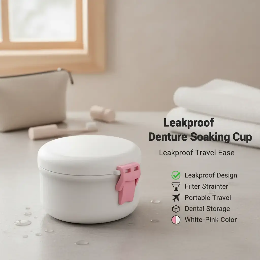 BVN Leakproof Seal Denture Soaking Cup with Filter Strainer, Portable Travel Dental Storage Case for Retainers, Aligners (White-Pink)