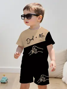 Summer New Boys' Casual Sports Fashion Matching Outfits Set Colorblock Father-Son Boxing Print Round Neck T-Shirt Tops and Shorts Suits Set