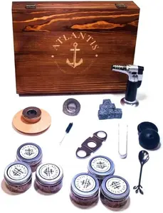 ATLANTIS Gift Cocktail Smoker Kit Wood Box Whiskey Bourbon Smoker Set 6 Flavors Wood Chips for Old Fashioned Cocktails High Quality Multi Use Smoking Kit with 6 Stone Ice Cubes Ice Ball Mold and Metal Filters