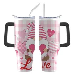 Stainless Steel Tumbler with Handle |   Pink Gingham Gnome Love Heart Pattern for Valentine'S Day and Everyday Use, 304 Stainless Steel, Ideal for Office, Reading, and