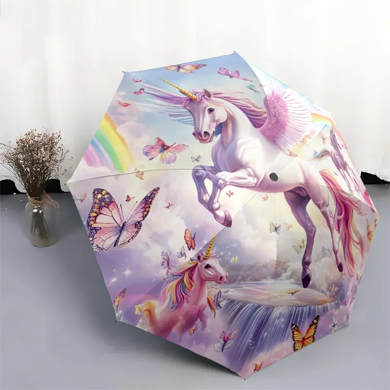 1 PC Automatic Folding Umbrella - Unicorn Fantasy Rainbow Butterflies Pattern, Portable & Foldable Design with 8 Ribs, Merry Christmas Pattern,Casual Outdoor Accessory Halloween and Christmas Birthday Gifts. F00154