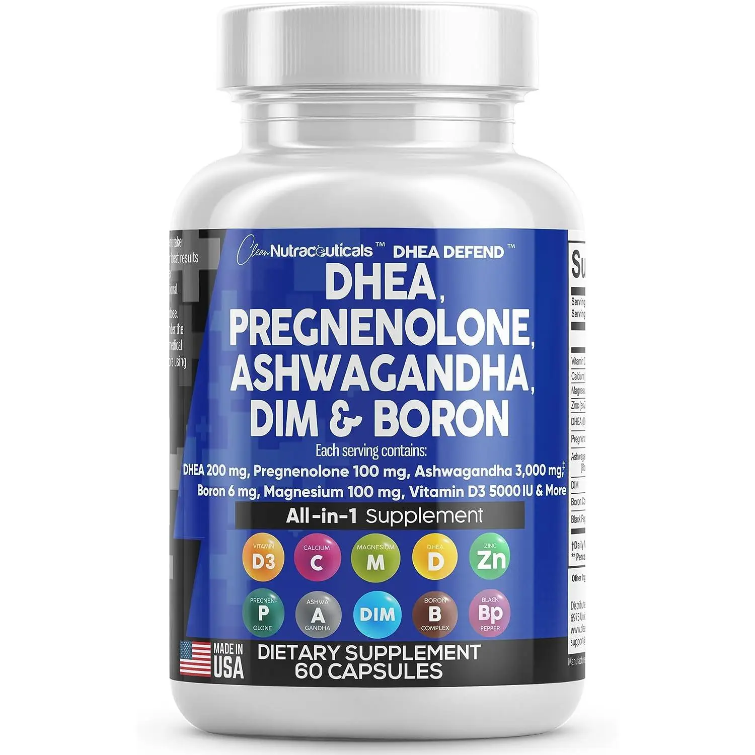 DHEA 200mg Supplement Pregnenolone 100mg for Men & Women with DIM Ashwagandha 3000mg Boron 6mg Complex Calcium Magnesium Zinc 50mg Vitamin D3 5000