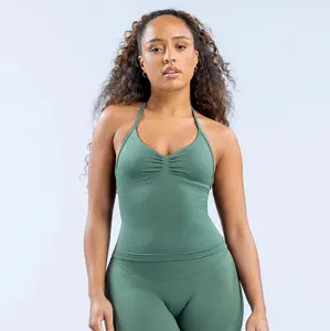 (With Logo）DFYNE Minimalist Seamless Activewear - Soft Stretchy Ruched Halter Top & Summer Outfit for All-Day Comfort Quick-Dry Compression Fitness Set