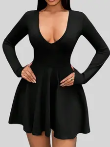 Elegant Deep V Neck Long Sleeve Fitted Dress for Women, Fashionable Casual Party Wear, Stylish All-Season Clothing, Womenswear