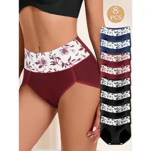 QUASTI 8 PCS High Waist Floral Underwear for Women, Breathable Stretch Hip-Lifting Briefs, Full Coverage Soft Panties, Mix Colors, Elegant & Comfortable Dailywear, S-XXL