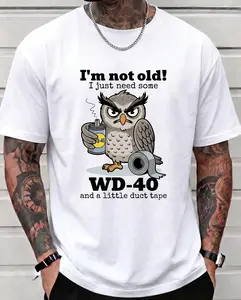 Men's Funny Grumpy Owl Duct Tape Graphic Tee Round Neck Drop Shoulder Casual Short Sleeve T-Shirt Summer Clothes for Daily Wear Novelty Mechanic Dad Grandpa Gift Top