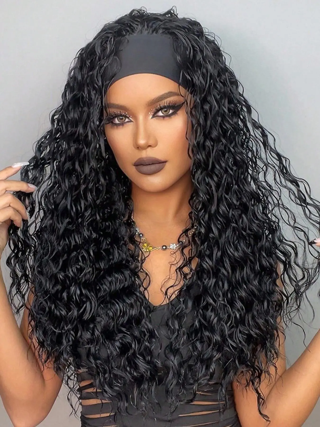 Deep Curly Headband Wigs For Black Women Long Black Water Wave Natural Hairline Full Machine Made 26inches Synthetic Curly Daily Glueless Wigs