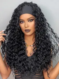 Deep Curly Headband Wigs For Black Women Long Black Water Wave Natural Hairline Full Machine Made 26inches Synthetic Curly Daily Glueless Wigs