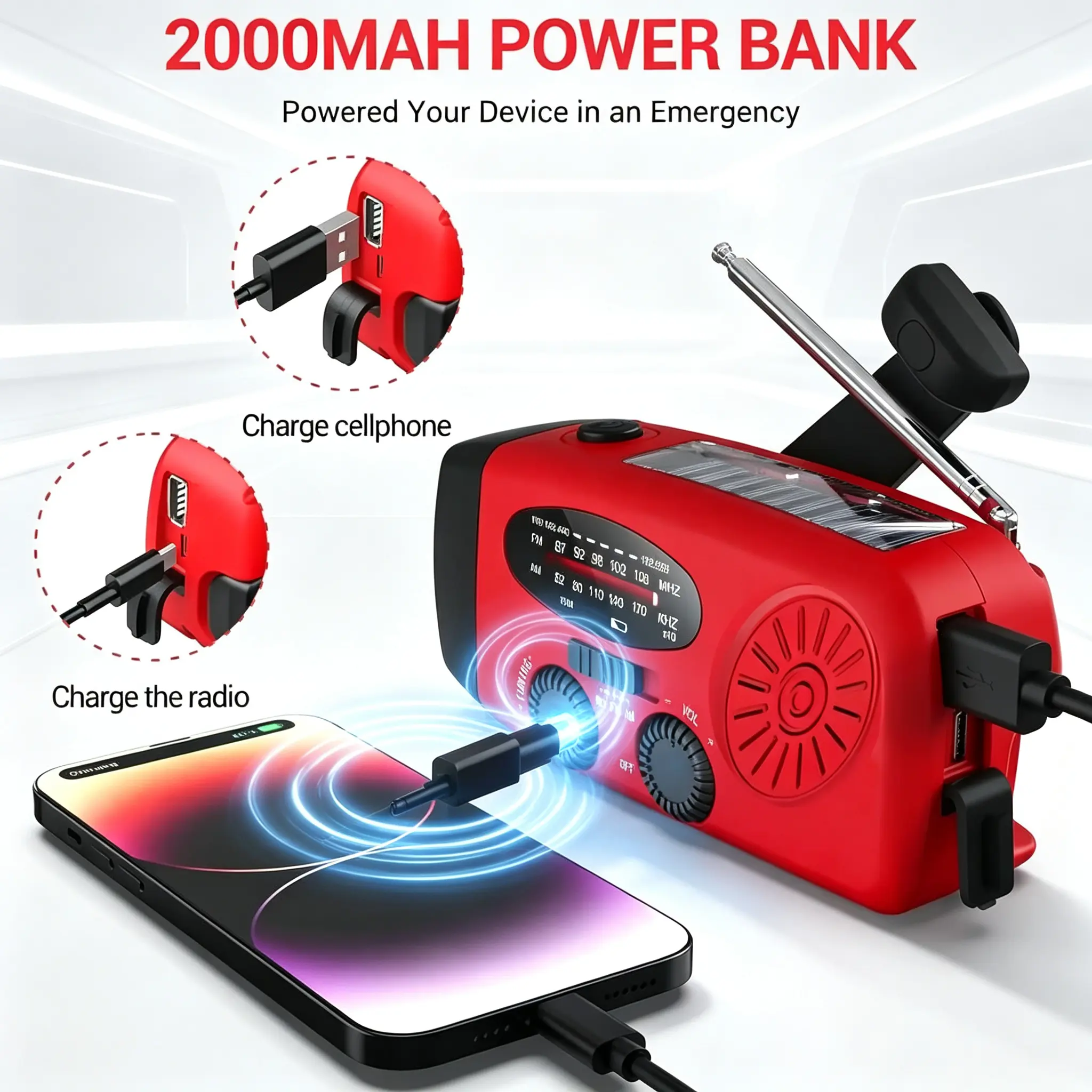 2000mAh Solar Emergency Weather Radio, Hand Crank Powered AM/FM NOAA Weather Radio with LED Flashlight, ABS Hard Shell, Built‑in Battery, Survival Emergency Gear for Hurricane Winter Storm, Portable Camping Survival Kit