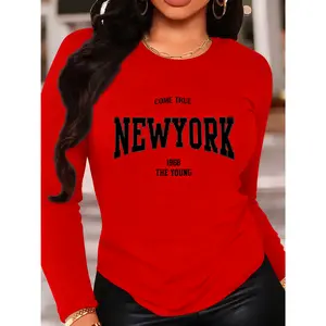 Women's 100% Smooth Cotton Long Sleeve Basic Fit T-Shirt - Retro "New York 1968" Graphic, Streetwear-Inspired City Top for Casual Daily Wear & Travel