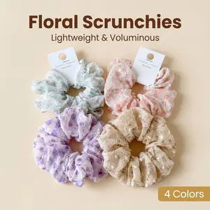 Sheer Floral Embroidered Scrunchies - 4pcs Soft Coquette Aesthetic Hair Ties Kit, Fashion for Women, Female Trendy Cottagecore Hair Accessories