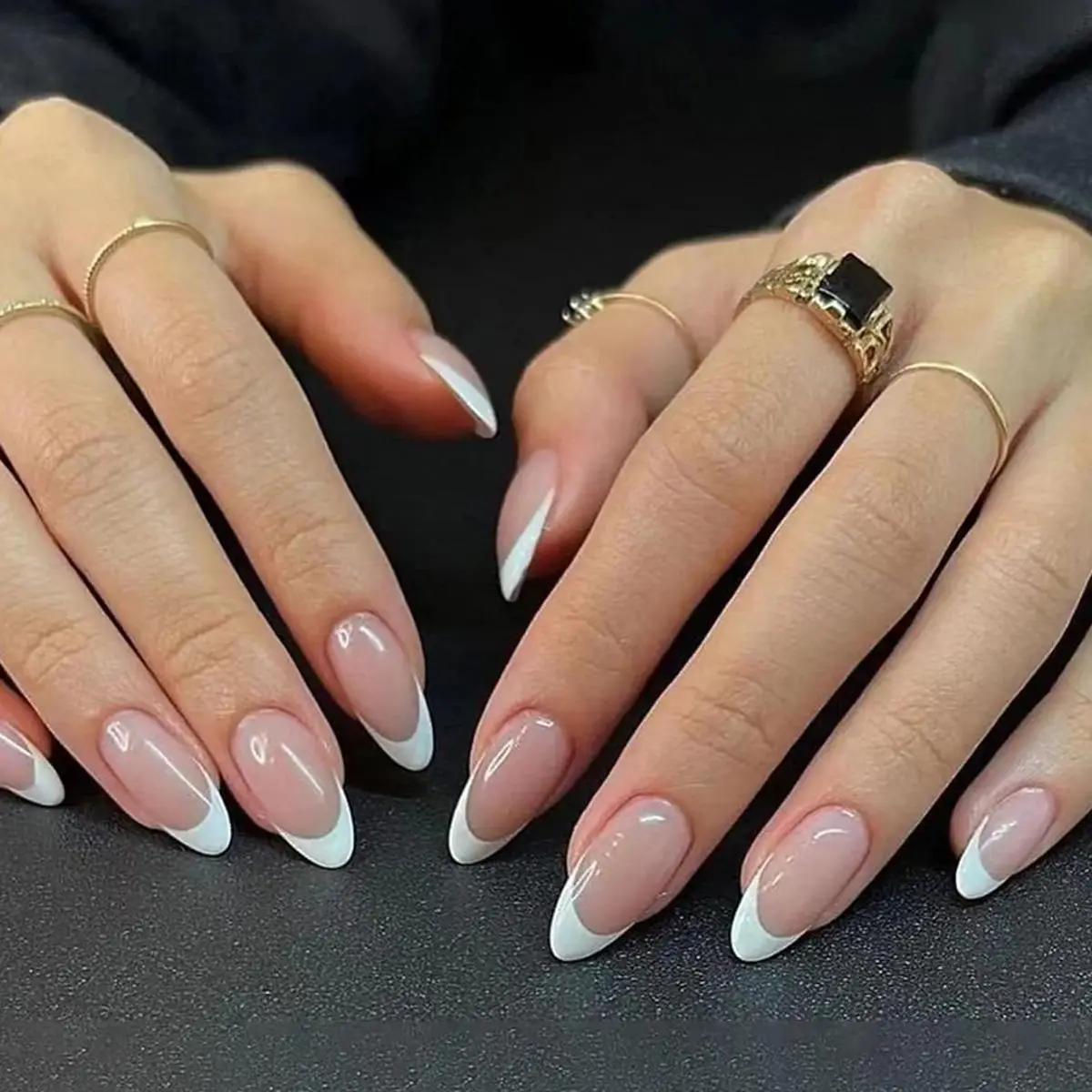 24pcs/set Glossy Press On Nails with 1 Nail File and 1 Sticker Sheet, French Style Long Almond Fake Nails for DIY Nail Art