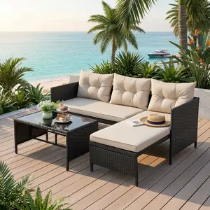 3 Piece Beige PE Rattan Patio Furniture Set, L-Shaped Sectional Sofa with Chaise Lounge & 2-Seater Loveseat, Button-Tufted Thick Cushions & Rectangular Tempered Glass Table, All-Weather Outdoor Leisure Set for Backyard Garden