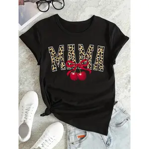 Fashionable Plus Size Women's Graphic T-Shirt with Leopard Print and Red Cherry Bow Slim Fit Short Sleeves Crew Neck Casual Summer Top Featuring Mama Lettering