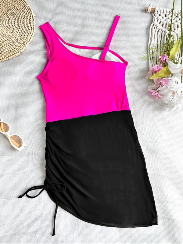 Women's Solid Color Mesh Insert One-piece Swimsuit, Casual Sleeveless Swimwear for Beach Holiday Vacation, Ladies Swimsuit for All Seasons, Mesh Swimsuits