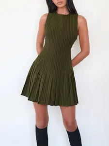 Women's Striped Print Pleated Dress, Casual Fashion Dress for Daily Outdoor Wear, Ladies Clothes for All Seasons