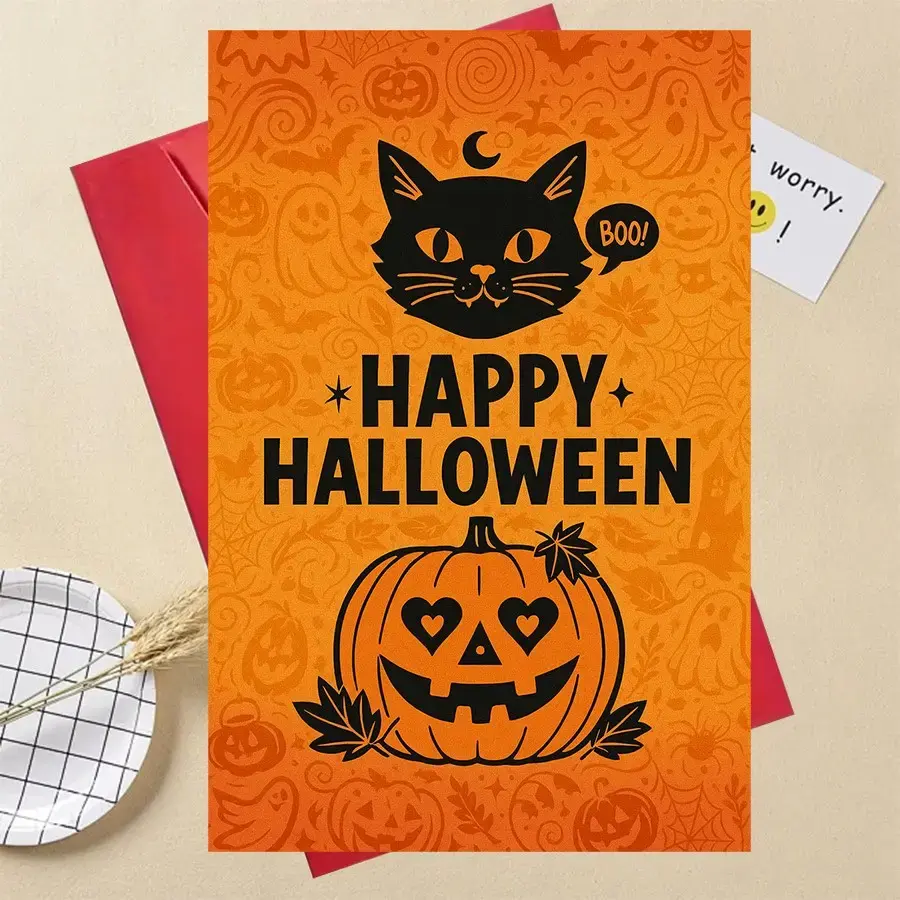 Halloween Party Invitation Card - Spooky Cute Cat, Jack-O-Lanterns, Smiling Face, Bats, Bold Letters, Hearts, Wiggly-Eye Design, Humorous, Blank Inside (Office Stationery Supplies), Party Invite