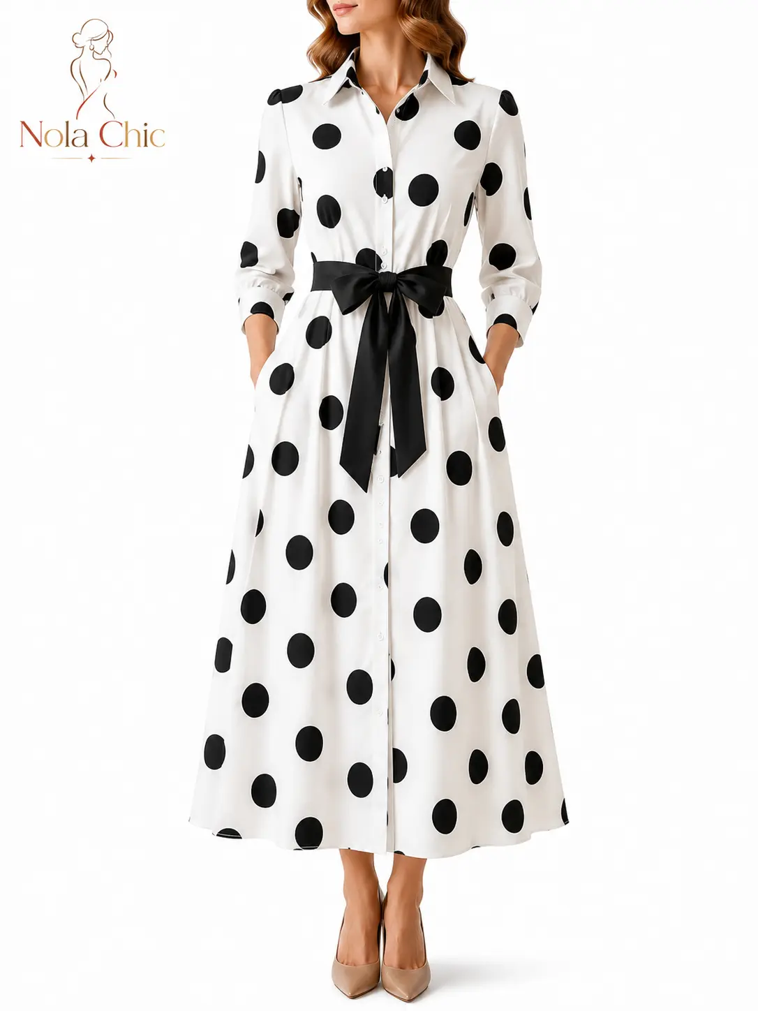 Women’s Polka Dot Shirt Dress with Belt, Button Front Long Dress with Pockets, Elegant Black White Casual Midi Maxi Dress, S-2XL by Nola Chic