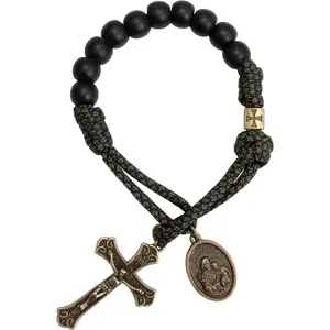 Store Antique Bronze One Decade Rosary Black Matte Beads Green Paracord Rosary Bracelet Handmade Catholic Travel Friendly Prayer