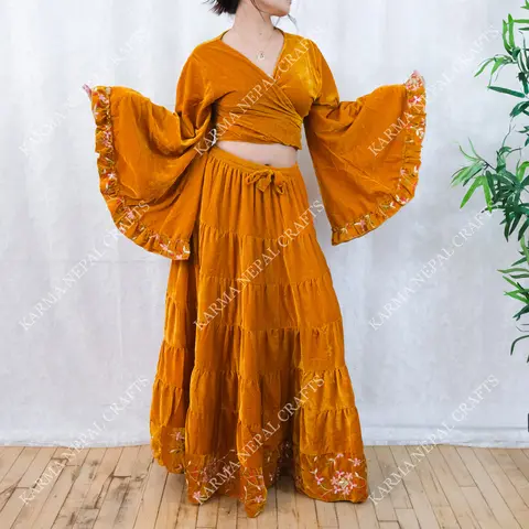 Women's 70s Style 2-Piece Plant-Embellished Clothing Set - Soft Stretchy Velvet Flowy Long Winter Bottom, Elastic Hand-Embroidered Knot Wrap Top with Bell Sleeves, Boho Outfit