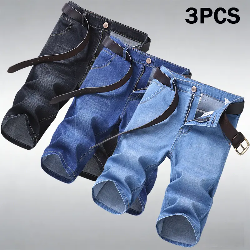3-pack men’s washed loose casual denim shorts made from ultra-soft 100% polyester fabric; suitable for going out, walking, commuting, campus wear, and streetwear; belt not included.