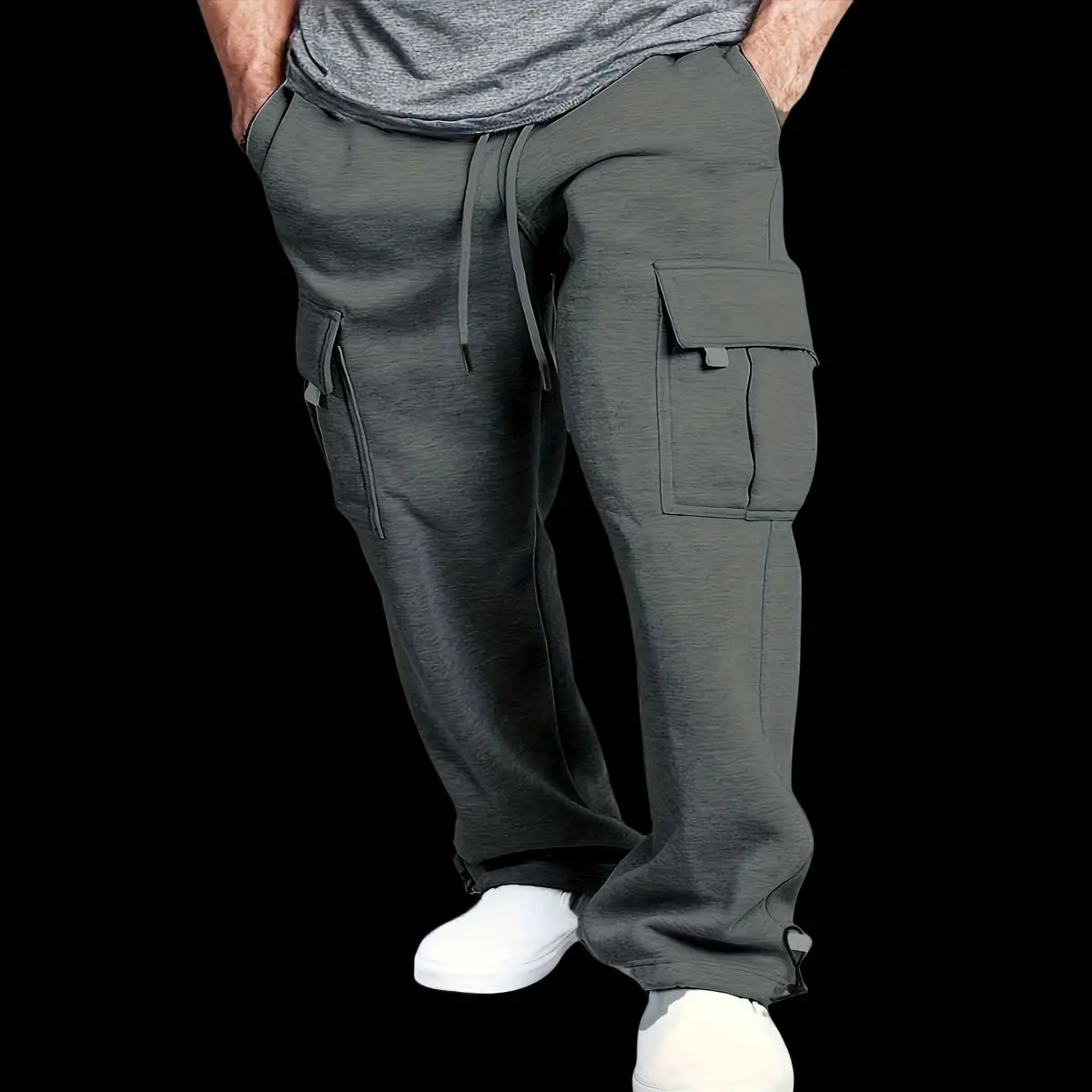 Men'S Fleece-Lined Winter Cargo Pants - Thick Loose Fit Streetwear Jogging Basketball with Multiple Pockets & Drawstring Waist, Machine Washable Outdoor Sports Casual Trousers, Athletic Leisurewear, Nonstretch Fabric