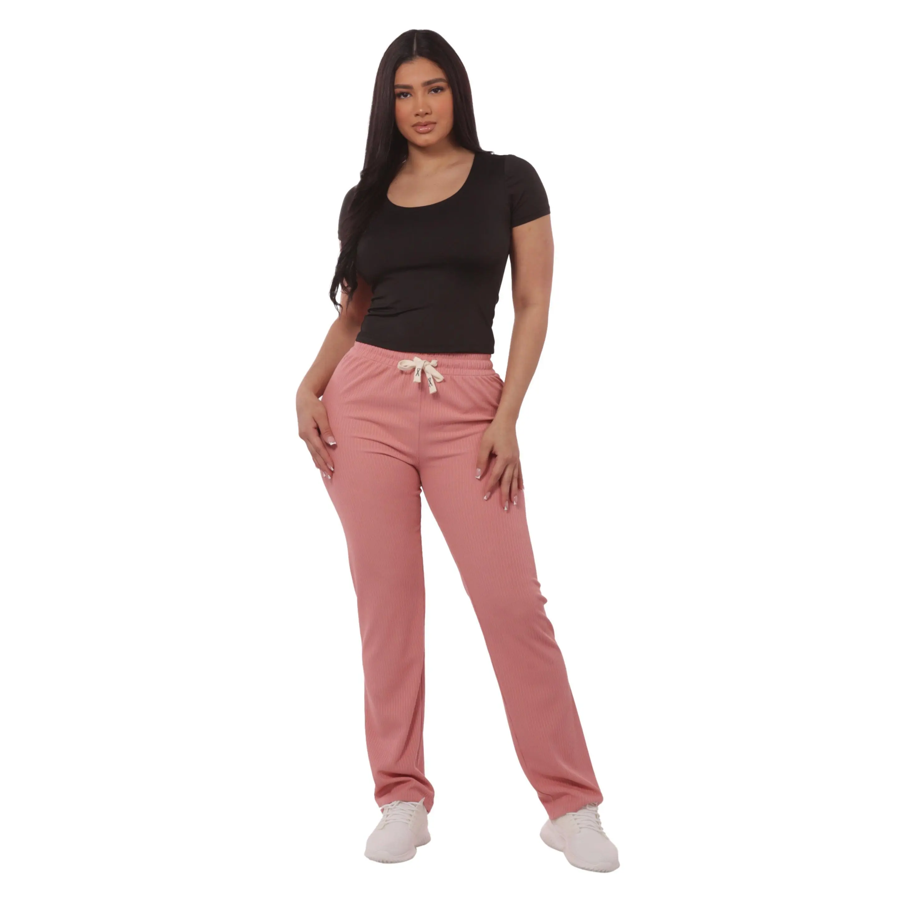 Rib Knit Straight Leg Pants With Drawstrings - Pink
