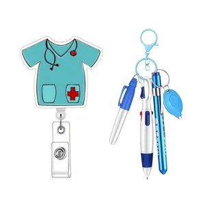 Doctor Nurse Theme Badge Set with Mini Fluorescent Pen, Permanent Marker, Ballpoint Pen, Retractable Keychain Design, Ideal for Nurses, Doctors, Medical Staff