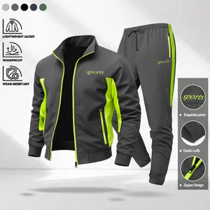 Men’s two-piece set with sports print design, lightweight windproof activewear featuring a zip jacket and athletic pants with elastic cuffs, suitable for gym workouts and running training.