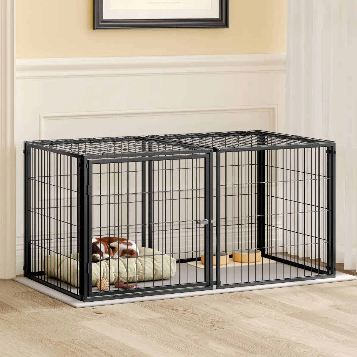 48" Metal Dog Cage for Medium Dogs and Puppies, Indoor Dog Kennel with Removable Top Cover, Heavy Duty Dog Crate, Multiple Units Can be Combined, Black
